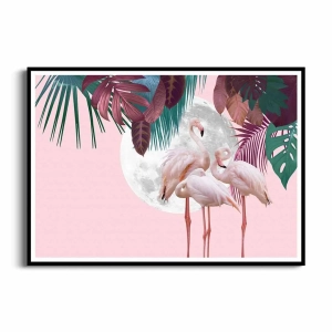 Plakat - Piękne flamingi na tle księżyca i tropikalnej roślinności