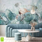 Fototapeta na wymiar – różowy flaming otulony kwiatami, tropikalny motyw w stylu boho do sypialni, salonu