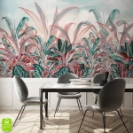 Fototapeta na wymiar - Tropikalne kwiaty i liście - kolorowa tapeta z egzotycznymi roślinami do salonu 