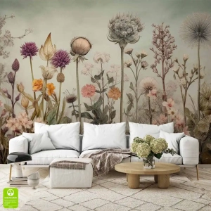 Fototapeta na wymiar – botaniczna dzika łąka w stylu rustykalnym, roślinność polna do salonu lub sypialni