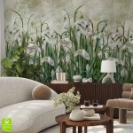 Fototapeta na wymiar: Białe Przebiśniegi i Zielone Trawy – Styl Skandynawski i Eko, Jasny salon i sypialnia, Biało-Zielona, Akwarelowy motyw botaniczny XXL