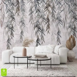 Fototapeta na wymiar – gałązki wierzby na tle betonowej ściany w szarych odcieniach, styl minimalistyczny i industrialny, idealna do salonu i sypialni