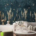 Fototapeta na wymiar - Złote trzciny i ptaki - nowoczesna tapeta na ścianę, winylowa na flizelinie