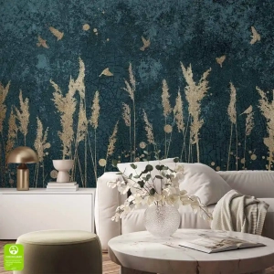 Fototapeta na wymiar - Złote trzciny i ptaki - nowoczesna tapeta na ścianę, winylowa na flizelinie