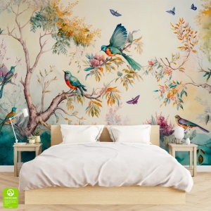 Fototapeta na wymiar „Las z kolorowymi ptakami i motylami” – malarska scena natury do sypialni, salonu lub pokoju dziecka