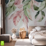 Fototapeta na wymiar „Kolorowe zwisające liście bananowca” – pastelowy motyw roślinny do sypialni, salonu lub pokoju w stylu boho i naturalnym