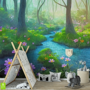 Fototapeta dla dzieci na wymiar - Bajkowy Las nad Rzeką – Malarski mural z błękitnym potokiem i kolorowymi kwiatami, magiczna kraina do pokoju dziecka, artystyczna dekoracja ścienna