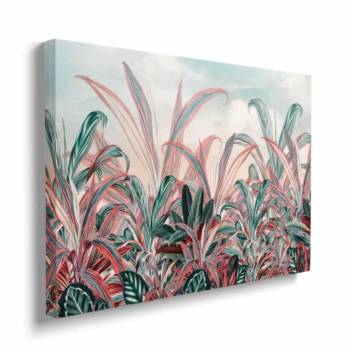 obraz-na-plotnie-tropikalne-kwiaty-i-liscie-bok.webp