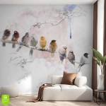Fototapeta ścienna na wymiar – Kolorowe ptaki na gałęzi w stylu akwareli, do salonu, sypialni lub pokoju dziecka – motyw natury