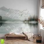 Fototapeta ścienna na wymiar „Łabędzie nad jeziorem” – malowniczy krajobraz z ptakami do salonu, sypialni lub łazienki