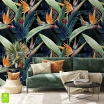 Tapeta na wymiar „Płomienne Kwiaty Strelicji” – egzotyczny wzór roślinny w stylu tropikalnym i nowoczesnym, idealna do salonu, sypialni czy przedpokoju