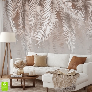 Fototapeta na wymiar „Białe liście palmowe” – delikatny motyw roślinny w odcieniach beżu i szarości do salonu, sypialni lub jadalni w stylu boho