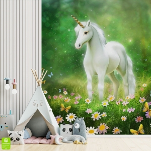 Fototapeta dla dzieci na wymiar - Bajeczna Polana z Jednorożcem – Biały jednorożec na kwietnej łące, świetlisty mural do pokoju dziewczynki, magiczna dekoracja ścienna pełna blasku i motyli