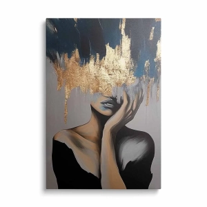 Obraz na szkle - Portret kobiety za złotą zasłoną