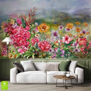 Kolorowa natura – artystyczna fototapeta na wymiar z malarską kwiatową ilustracją do sypialni lub salonu