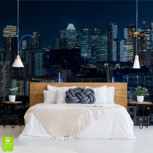 Fototapeta na wymiar: Miasto Nocą - Singapur – Wieżowce, Granatowa Panorama, do Salonu i Sypialni, Styl Nowoczesny, Loft, Ciemna Dekoracja